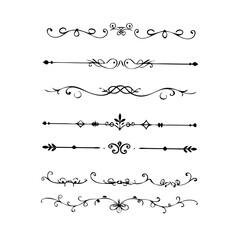 Text dividers doodle set. Wedding decorative elements. Divider ornament, borders, vintage line separators. Hand drawn vector illustration isolated on white background