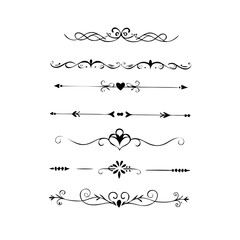 Text dividers doodle set. Wedding decorative elements. Divider ornament, borders, vintage line separators. Hand drawn vector illustration isolated on white background