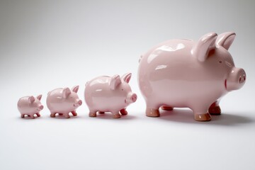 Four ceramic piggy banks in varying sizes arranged in a row on a plain background