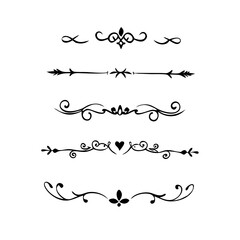 Text dividers doodle set. Wedding decorative elements. Divider ornament, borders, vintage line separators. Hand drawn vector illustration isolated on white background