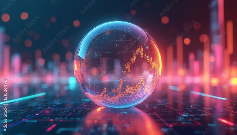 Aufkleber Futuristic illustration of stock market trends visualized inside glass bubble. Dynamic graphs, charts, financial data float against abstract background with colorful lights, patterns. Concept of