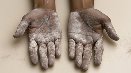A close-up view shows two hands dusted with a white powder against a plain background.