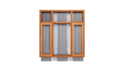 Wooden window model with three vents and curtains on a white background