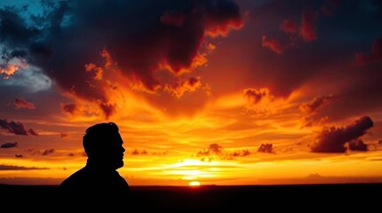 Silhouette of a man against a fiery sunset sky