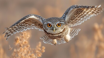 Detailed close-up of an owl in flight.