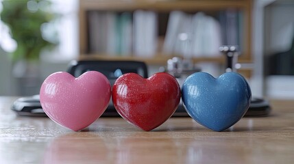 Three hearts of different colors on a wooden surface.