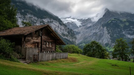 Obraz premium Picturesque wooden cabin set against majestic Swiss mountains under a cloudy sky at dawn