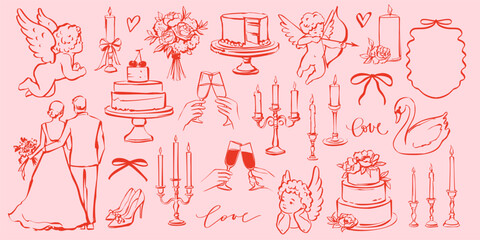 Coquette Wedding Doodle Set in Whimsical Vintage Style.