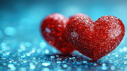 Two sparkling red hearts on a turquoise background.