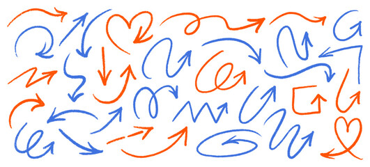 Arrow Brush Set in Chalk and Crayon Style. Hand-Drawn Vector Arrows and Scribble Lines