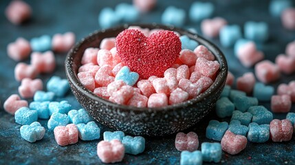 Heart-shaped candies in a bowl, pink and blue.