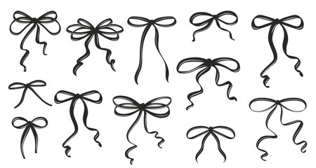 Vintage Coquette Bows in Hand-Drawn Whimsical Style Ribbon Set, Cute Flirtatious Bow Clipart Collection