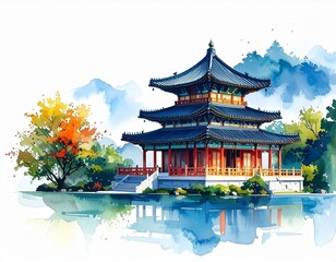 Serene Autumn Scene Traditional Korean Pavilion by Calm Lake Watercolor Painting of Peaceful Asian Architecture