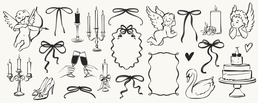 Coquette Wedding Doodle Set in Whimsical Vintage Style. Includes Cakes, Bows and Frames for Romantic Designs