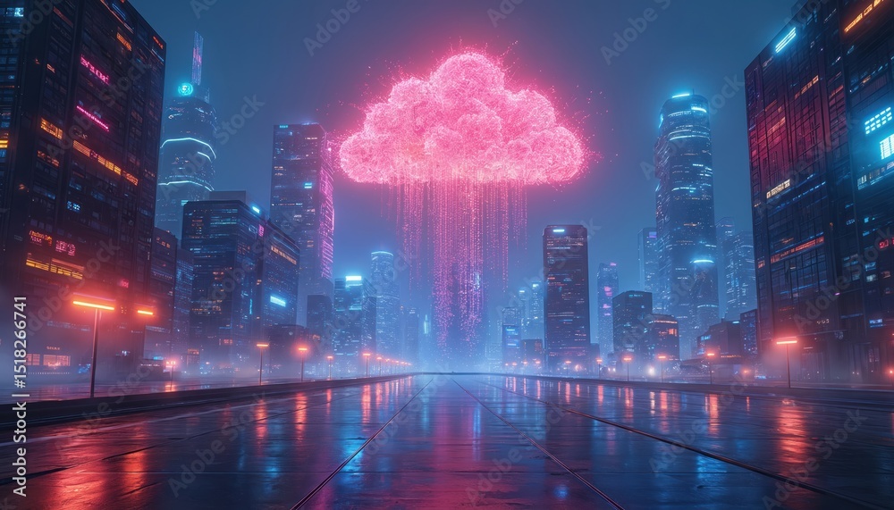 Poster futuristic cityscape with digital cloud computing above skyscrapers. reflective wet road. cyberpunk,