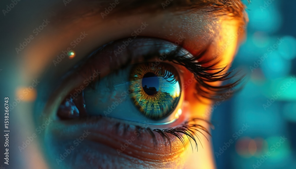 Poster Eye reflecting computer screen with programming code. Close-up iris with digital technology, data visualization. Binary code, cyberspace, cyber security, IT industry concept.