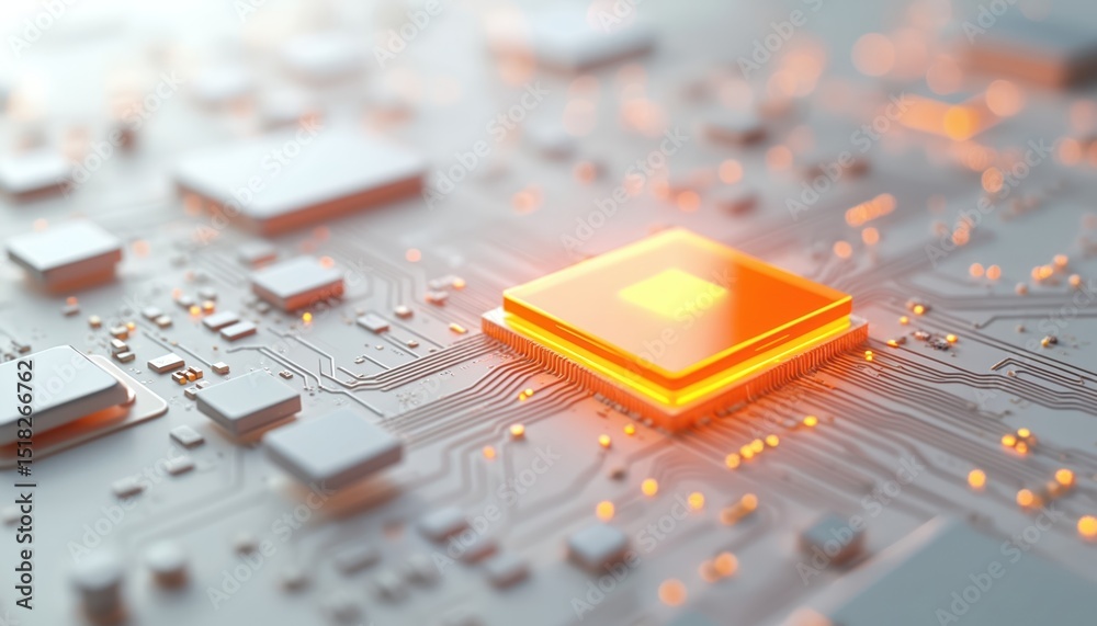 Poster 3D render of modern computer chip core on circuit board. Electronic components, digital tech, information processing, data transfer, high-tech concept. Orange glow on white background.