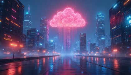 Futuristic cityscape with digital cloud computing above skyscrapers. Reflective wet road. Cyberpunk, neon lighting, data transfer concept. Hybrid cloud integration architecture design. Digital