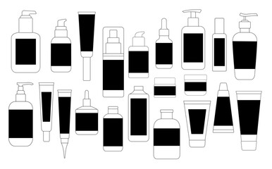 Vector Shampoo and Beauty Bottle Set. Skincare Product Silhouettes with Jars, Tubes and Containers for Cosmetics