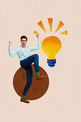 Vertical image sketch vertical collage of happy businessman businesswoman stand plasticine light...
