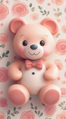 Obraz premium Full-body teddy bear, wearing a bow tie and suspenders, on a pastel pink background. generative ai