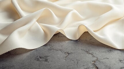 Soft buttercream linen folding over charcoal concrete, layered neutrals emphasized by shallow depth of field.