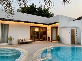 pool villa with circular swimming pool, exterior resort, hotel, Modern Tropical Hotel, Villa,...