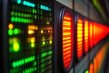 Close-up of electronic panel with red and green LED indicators representing data signals and control system interface