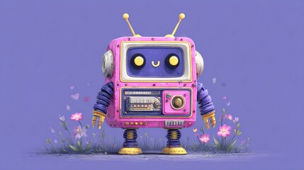 Adorable Retro Robot in a Flower Garden