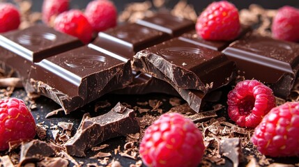 Dark chocolate squares with fresh red raspberries create a mouthwatering dessert scene.