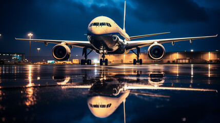 Large commercial airplane is parked on wet runway at night, reflecting lights and clouds, creating dramatic atmosphere