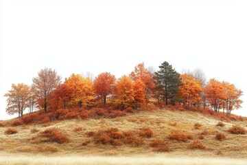 Colorful fall foliage on small grassy hill with mixed orange, yellow and red trees under white sky background