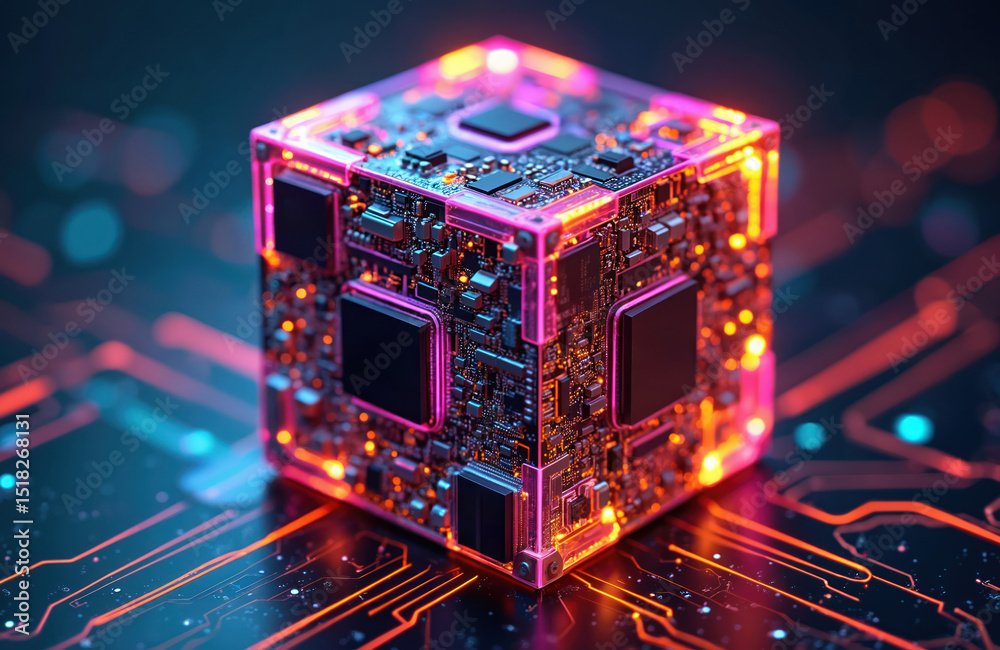Poster glowing neon circuit board cube. futuristic tech design with neon glow, geometric shapes, lines. dig