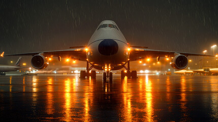 Large commercial airplane is illuminated by lights on rainy night, reflecting on wet runway