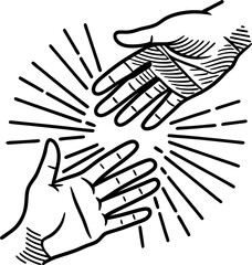 Obraz premium Helping hands reaching towards each other, linear mutual support, assistance, community aid concept