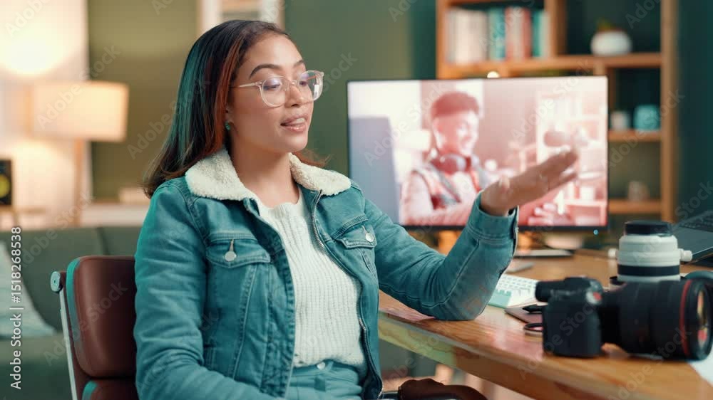 Poster streaming, influencer and woman with camera, talking or tips for video editing on website or online.