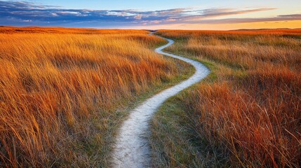 Serene winding dirt trail through vibrant golden grassland with sunset sky, peaceful natural landscape, open field, rural scenery, scenic outdoor trail