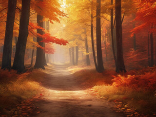 autumn in the forest, fall background with a forest path blanketed and sunlight filtering through the trees 