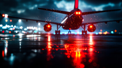 Commercial airplane front view on wet runway at night, illuminated by red lights, creates dramatic atmosphere