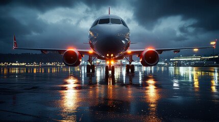 Commercial airplane front view on wet runway at night, illuminated by lights, creating dramatic atmosphere
