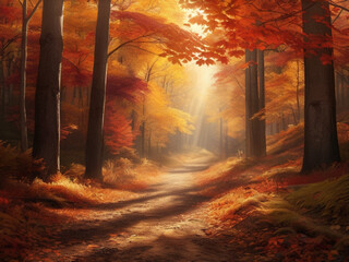 autumn forest in the morning, fall background with a forest path blanketed