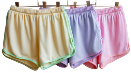 Three pairs of high waisted track shorts in soft pastel colors, yellow, lavender, and pink, are hanging on a transparent background, creating a fashionable and playful display