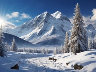 snow covered mountains under a crisp blue sky