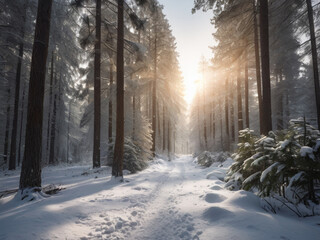 Sunrise in the snowy forest, winter in the forest