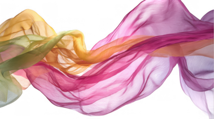 Multicolored diaphanous textile fluttering elegantly on a transparent background, creating a vibrant and dynamic visual with its flowing movement and translucent layers