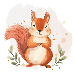Cute smiling red squirrel with fluffy tail holding paws with watercolor texture and green leaves decorative nature background illustration vector