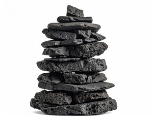 Stacked dark stones create a balanced cairn against a bright, white background.