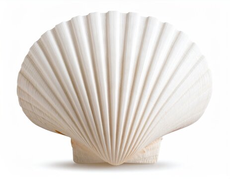 Elegant white scallop shell with ridged texture displayed on clean white backdrop