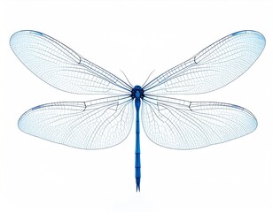Detailed blue dragonfly with intricate wing patterns against a clean, white backdrop.