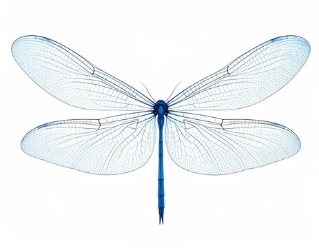 Detailed blue dragonfly with intricate wing patterns against a clean, white backdrop.